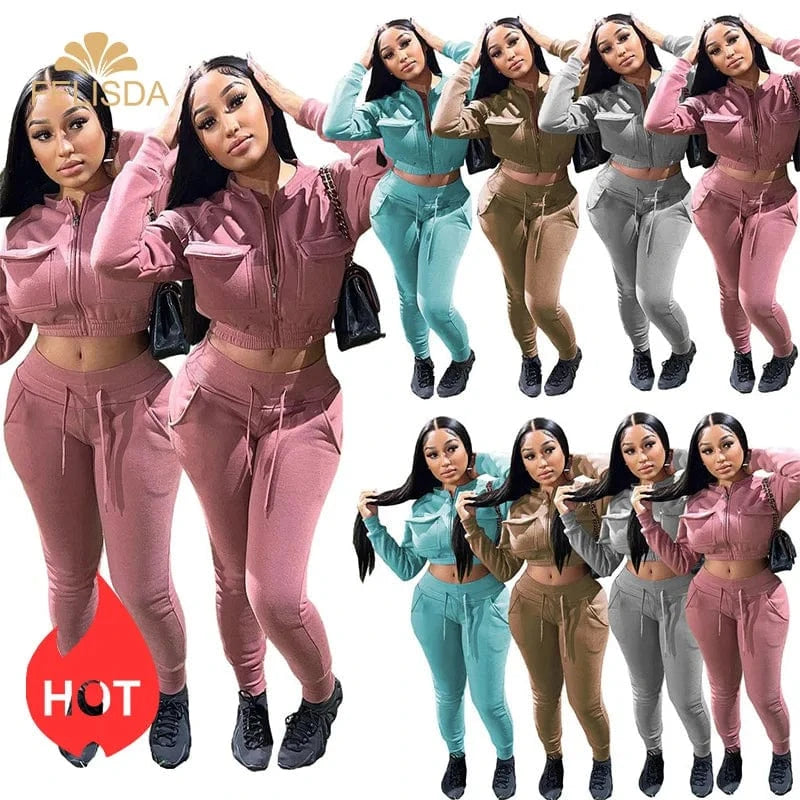 Cotton Blend Solid Women 2 Piece Set Tracksuit Warm Up Pocket Zipper Jackets Sweatshirts Jogging Pants Two Piece Set Sweatsuit