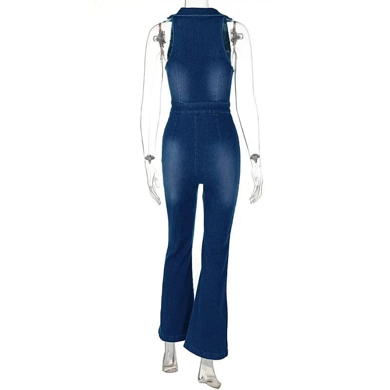 Cotton Elegant Denim Jumpsuit Women Sleeveless Zipper Fashion Hipster Casual High Street Wide Legs Activewear Outfits
