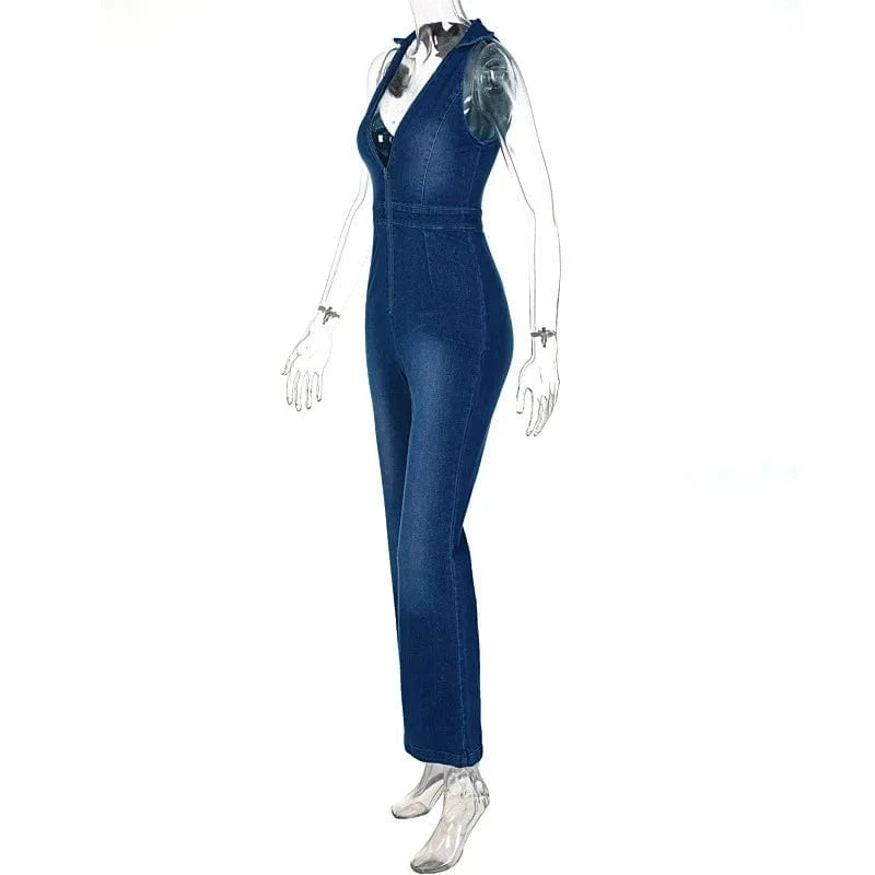 Cotton Elegant Denim Jumpsuit Women Sleeveless Zipper Fashion Hipster Casual High Street Wide Legs Activewear Outfits