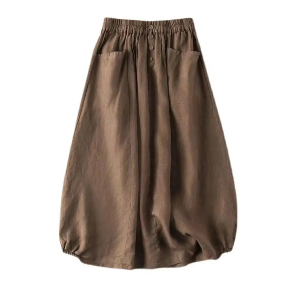 Cotton Linen Midi Skirt With High Waist Pockets And Button Decor – Casual A - Line Retro Style - SN Wigs & More
