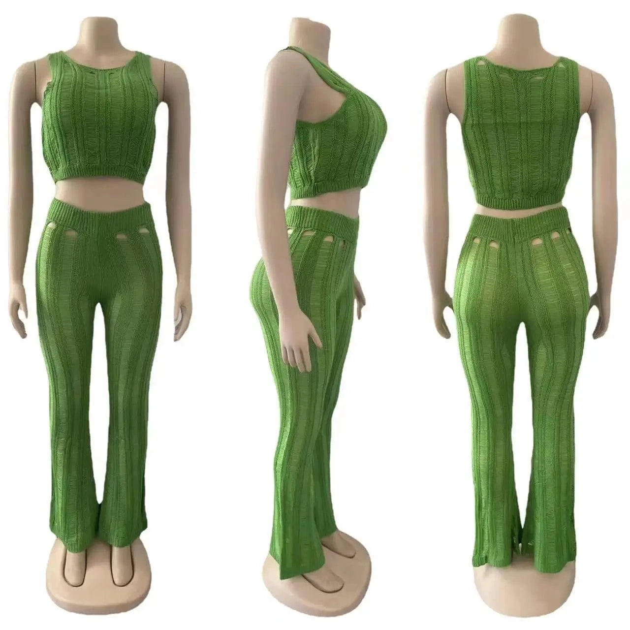 Cotton Top Set Ripped Women Knitted 2 Piece Summer Women Set Hollow out Solid Clothing Two Piece Pants Set