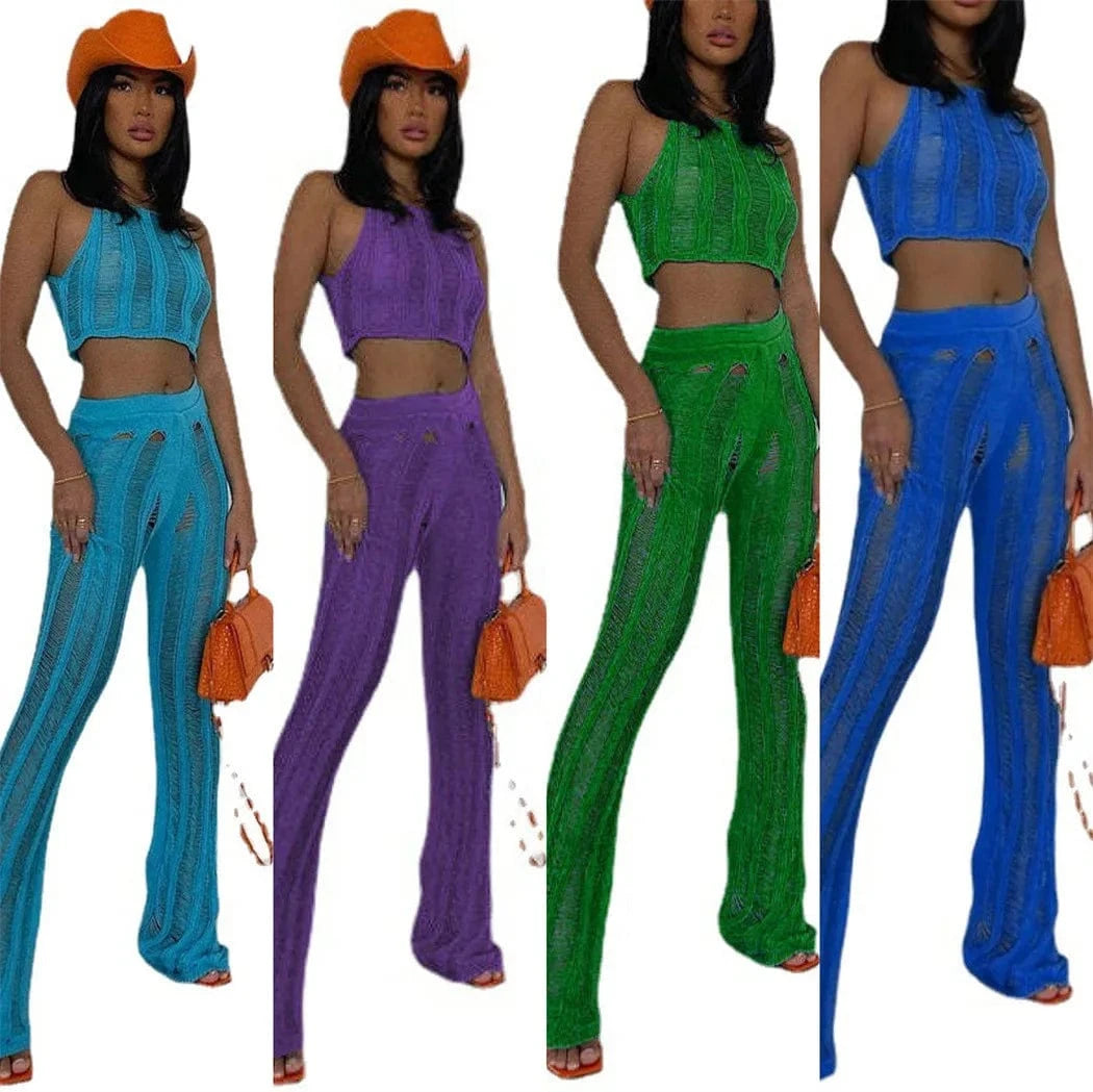 Cotton Top Set Ripped Women Knitted 2 Piece Summer Women Set Hollow out Solid Clothing Two Piece Pants Set