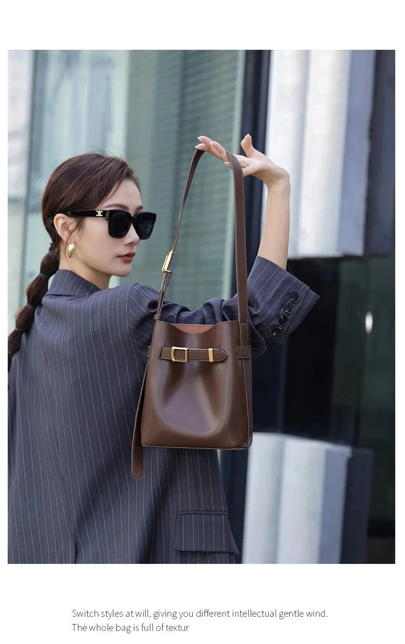 Cow Split Leather Bucket Bag Women Vintage messenger High Quality Simple Handbag Lady Shoulder Bag Luxury Female Crossbody Bags