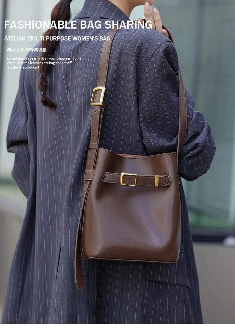 Cow Split Leather Bucket Bag Women Vintage messenger High Quality Simple Handbag Lady Shoulder Bag Luxury Female Crossbody Bags