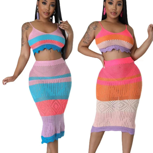 Crochet 2 Piece Skirt Top Set Matching Skirt with Crop Top Summer Dress Boho Clothing Bohemian 2 Piece Boho Skirt Set