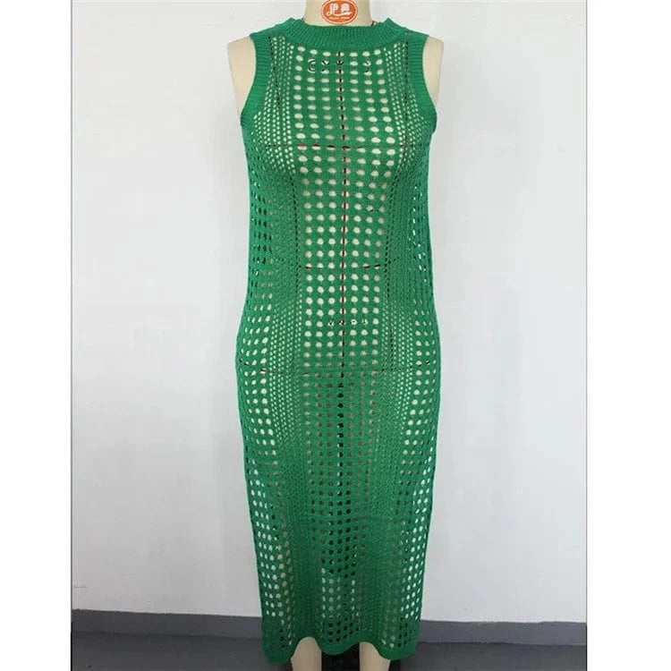 Crochet Mesh Sleeveless Slit Wrap Beach Dress 2024 Summer Woman Sexy Hollow Out Knitted Beachwear