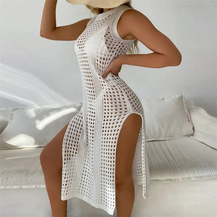Crochet Mesh Sleeveless Slit Wrap Beach Dress 2024 Summer Woman Sexy Hollow Out Knitted Beachwear