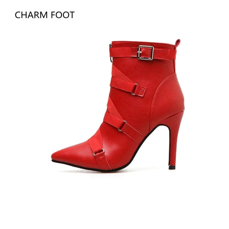 Cross border European and American model sharp scalp buckle high heel women's boots large size fashion personality