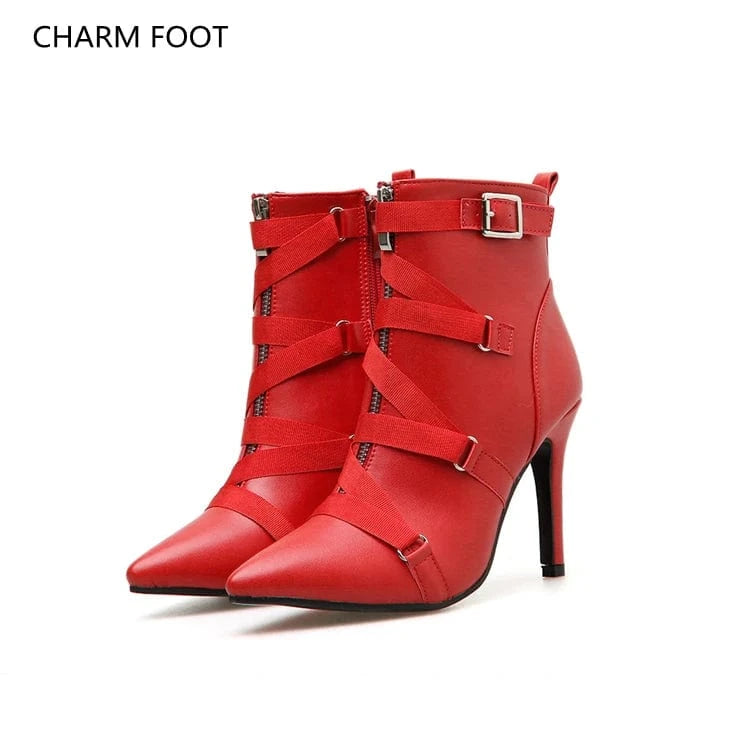 Cross border European and American model sharp scalp buckle high heel women's boots large size fashion personality