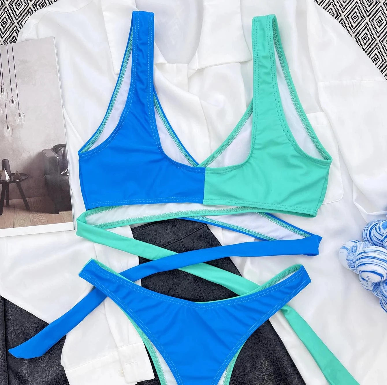 Cross Contrast Waist High Waisted Bikini Set Patchwork Color 2 Piece Swimsuit Sexy Swimwear Lingerie 2024 Summer Suit