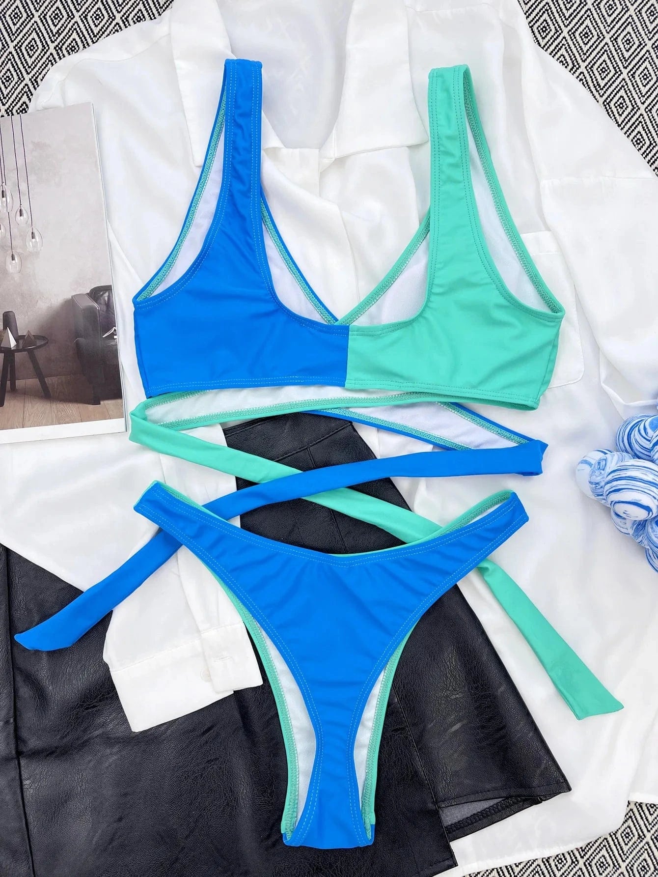 Cross Contrast Waist High Waisted Bikini Set Patchwork Color 2 Piece Swimsuit Sexy Swimwear Lingerie 2024 Summer Suit