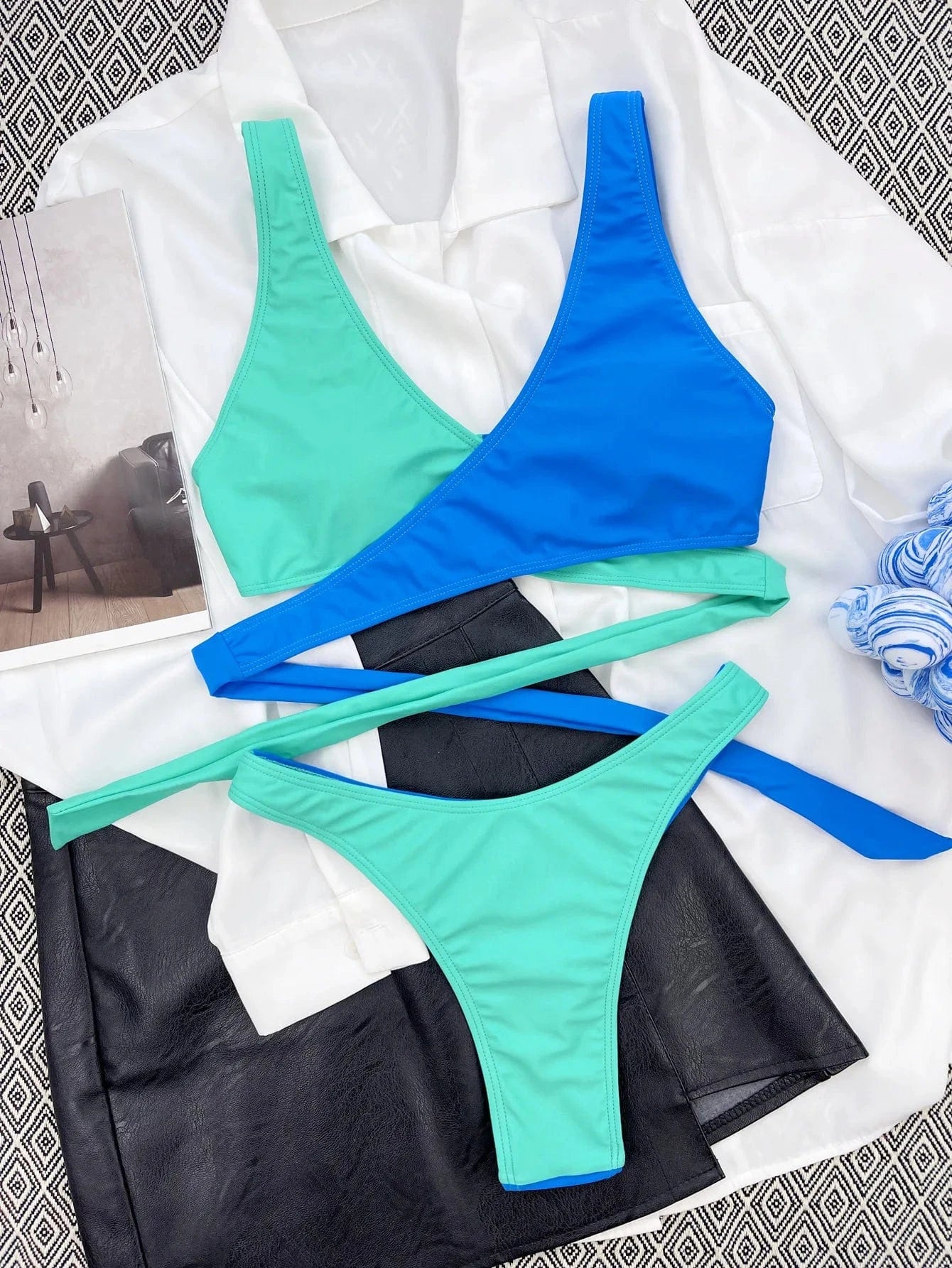 Cross Contrast Waist High Waisted Bikini Set Patchwork Color 2 Piece Swimsuit Sexy Swimwear Lingerie 2024 Summer Suit