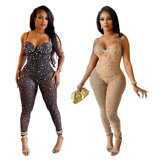 Crystal Diamonds Rhinestones Mesh Stretch Jumpsuit 2024 Sexy Party Club One Piece Romper Playsuit