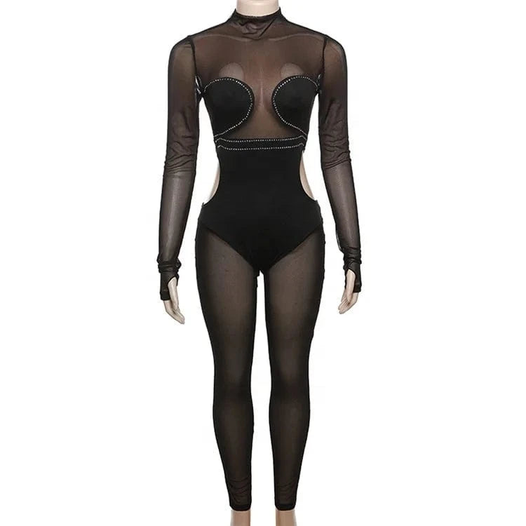 Crystal Women 2024 Spring Autumn Sexy Long Sleeve Party Club Mesh See Through Bodycon Black Jumpsuit
