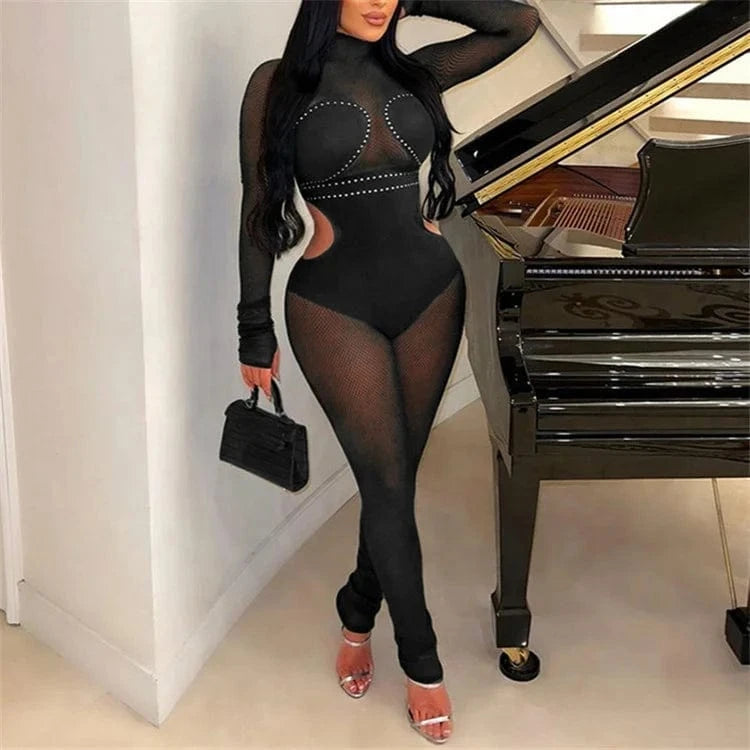 Crystal Women 2024 Spring Autumn Sexy Long Sleeve Party Club Mesh See Through Bodycon Black Jumpsuit