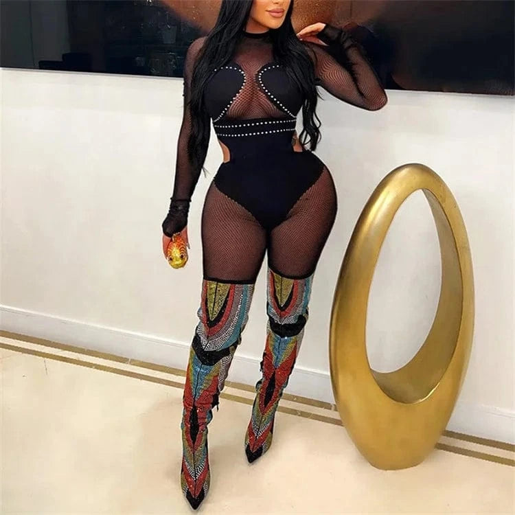 Crystal Women 2024 Spring Autumn Sexy Long Sleeve Party Club Mesh See Through Bodycon Black Jumpsuit
