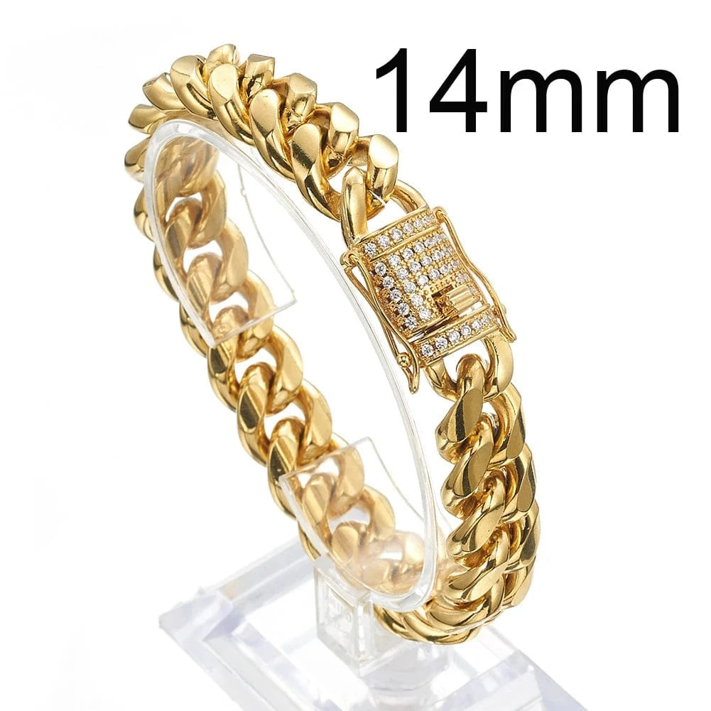 Cuban Chain / Customized / Gold 14mm Hot Selling  HipHop Jewelry Chunky Stainless Steel 18K Gold Plated Cz Miami Cuban Chain Wrist Hand Bracelet