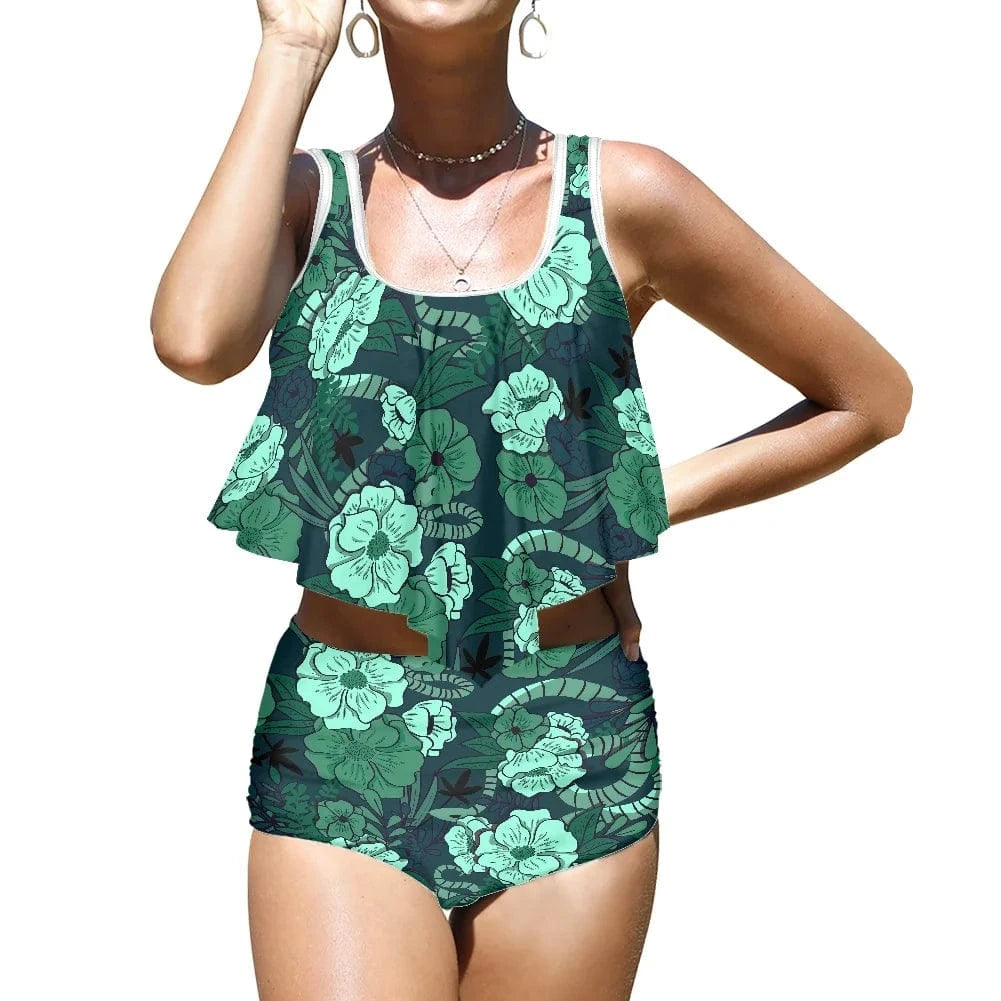 Custom 1MOQ Women Swimsuits Vintage Samoan Tribal Print High Waist Top Ruffle Push Up Padded Bra Bathing Suit