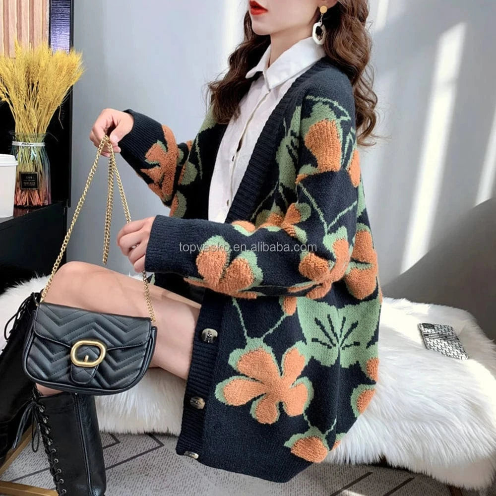 Custom 2022 Autumn Winter New Sorority Europe America Retro Long Style Thickened V Neck Embroidea Casual Womens Cardigan Sweater