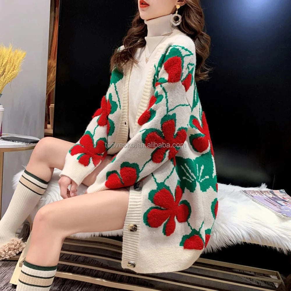Custom 2022 Autumn Winter New Sorority Europe America Retro Long Style Thickened V Neck Embroidea Casual Womens Cardigan Sweater
