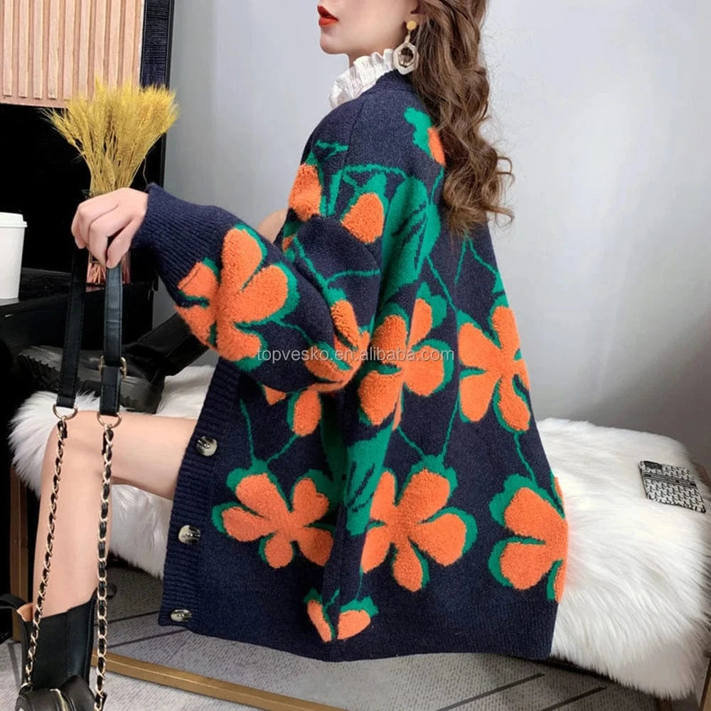 Custom 2022 Autumn Winter New Sorority Europe America Retro Long Style Thickened V Neck Embroidea Casual Womens Cardigan Sweater