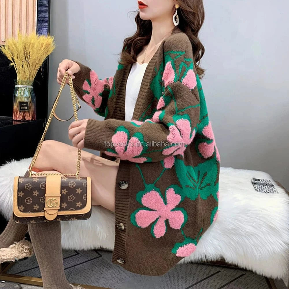 Custom 2022 Autumn Winter New Sorority Europe America Retro Long Style Thickened V Neck Embroidea Casual Womens Cardigan Sweater