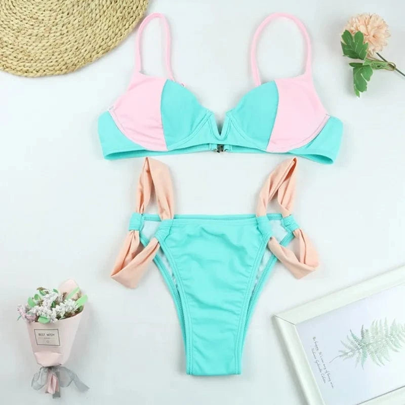 Custom 2022 swimwear high waist bathing suits v neck sexy swimsuits for women patchwork micro mini bikini