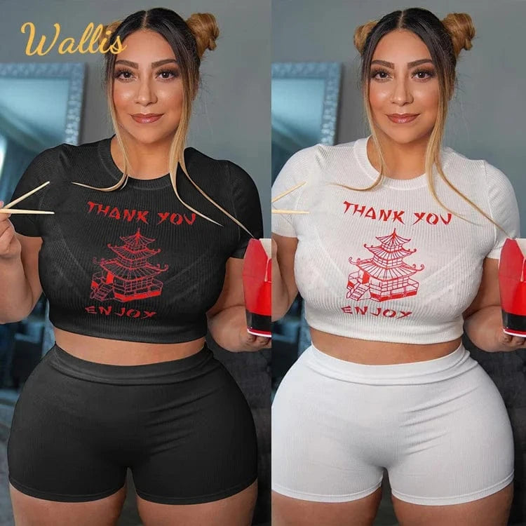 Custom 5XL THANK YOU Letter Print Knitted White Black T Shirt Crop Top Summer Biker Shorts Ladies Slim 2 Piece Set Women Sets