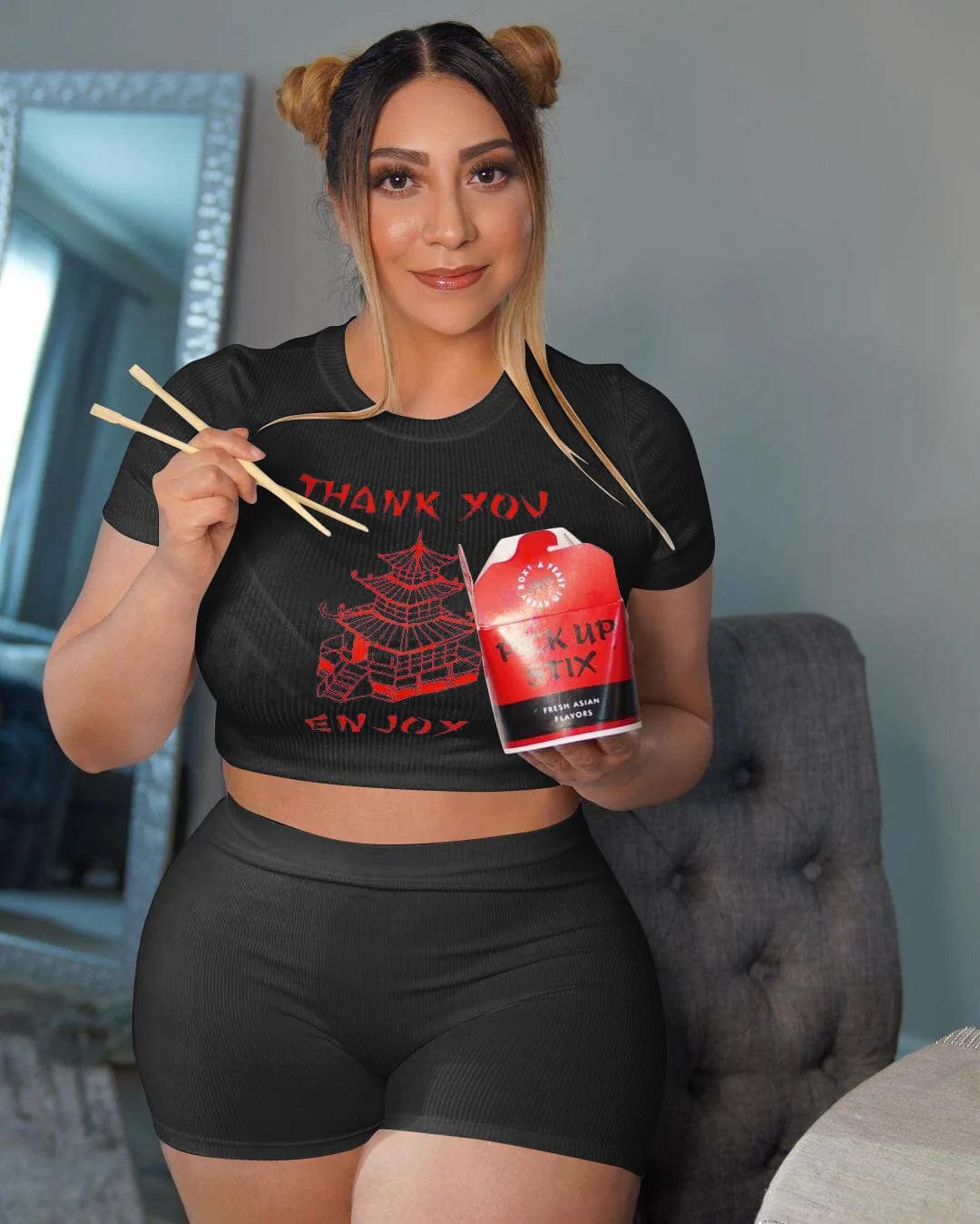 Custom 5XL THANK YOU Letter Print Knitted White Black T Shirt Crop Top Summer Biker Shorts Ladies Slim 2 Piece Set Women Sets