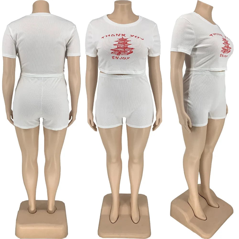 Custom 5XL THANK YOU Letter Print Knitted White Black T Shirt Crop Top Summer Biker Shorts Ladies Slim 2 Piece Set Women Sets