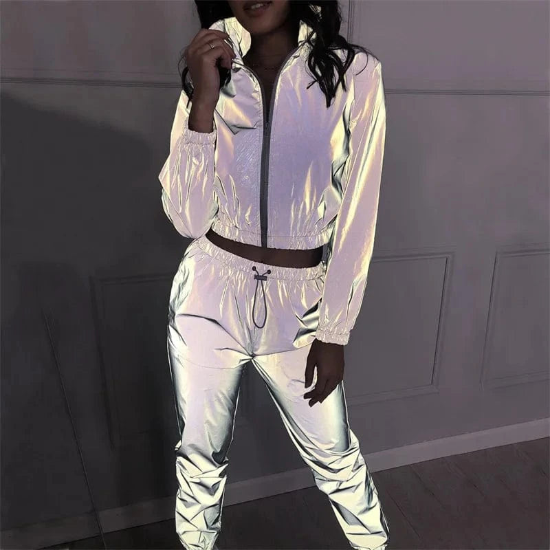 Custom Clothing Ladies Loose Zipper Long Sleeve Jacket And Long Pants Womens Sweatsuit Reflective Tracksuits Outfits Sets
