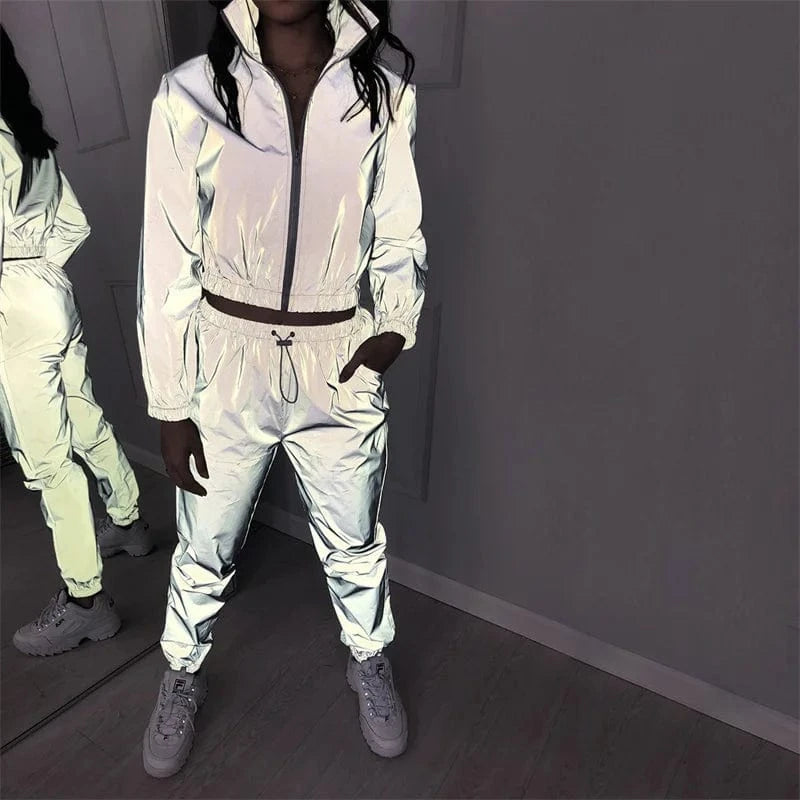 Custom Clothing Ladies Loose Zipper Long Sleeve Jacket And Long Pants Womens Sweatsuit Reflective Tracksuits Outfits Sets