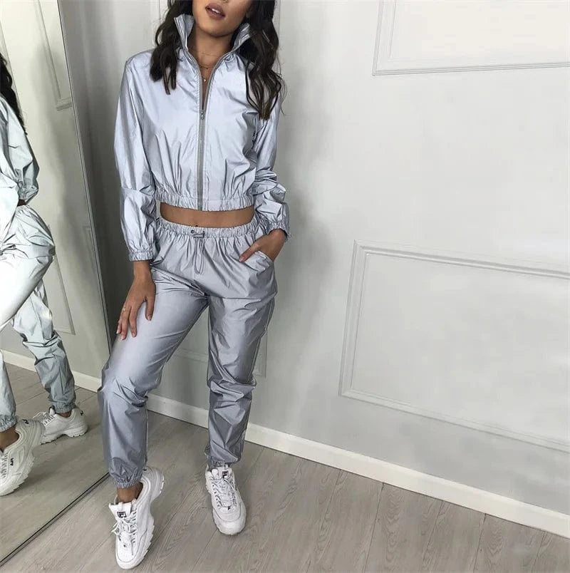 Custom Clothing Ladies Loose Zipper Long Sleeve Jacket And Long Pants Womens Sweatsuit Reflective Tracksuits Outfits Sets