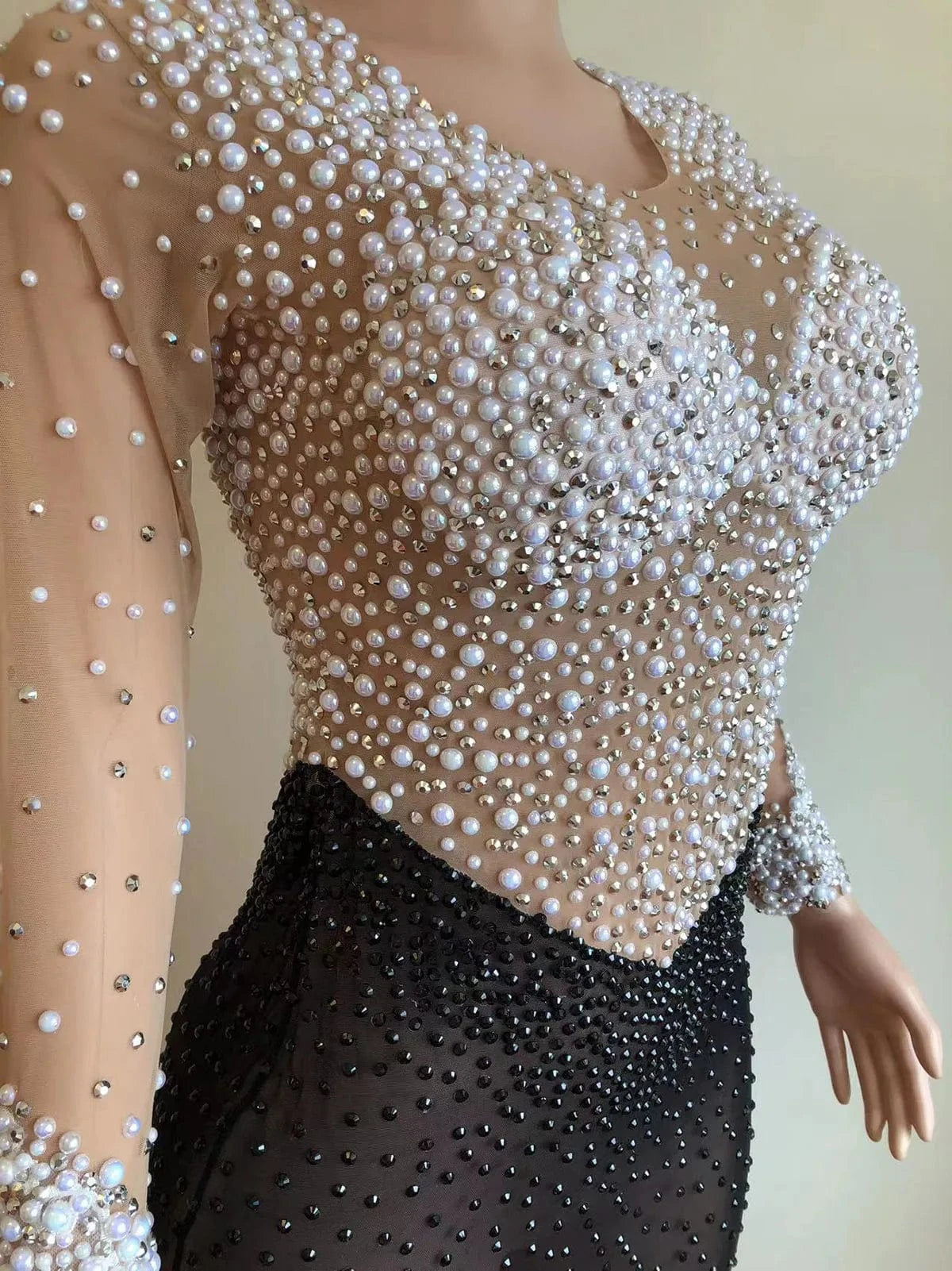 Custom Clothing Manufacturers Sexy See Through Side Slit Evening Dresses Shiny Crystal Pearls Club Wear Party Costume For Women
