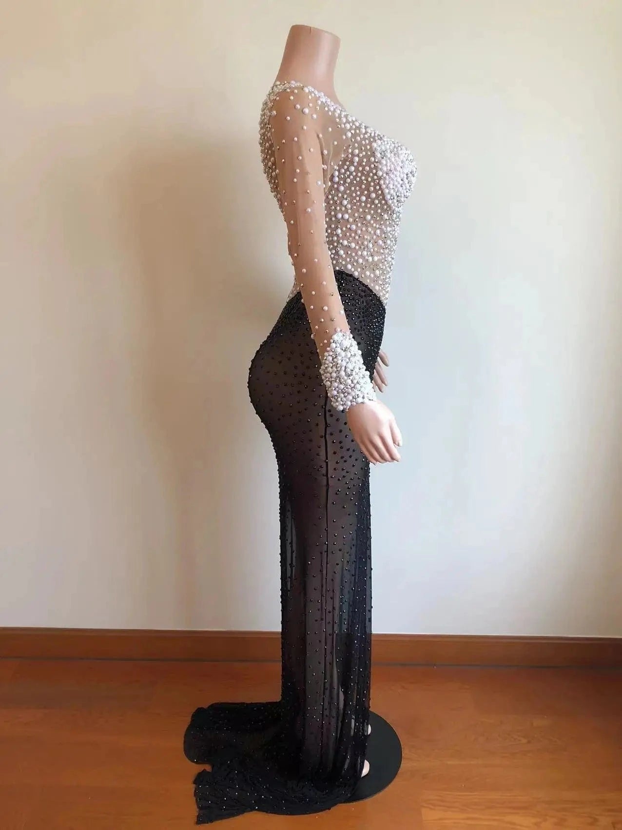 Custom Clothing Manufacturers Sexy See Through Side Slit Evening Dresses Shiny Crystal Pearls Club Wear Party Costume For Women