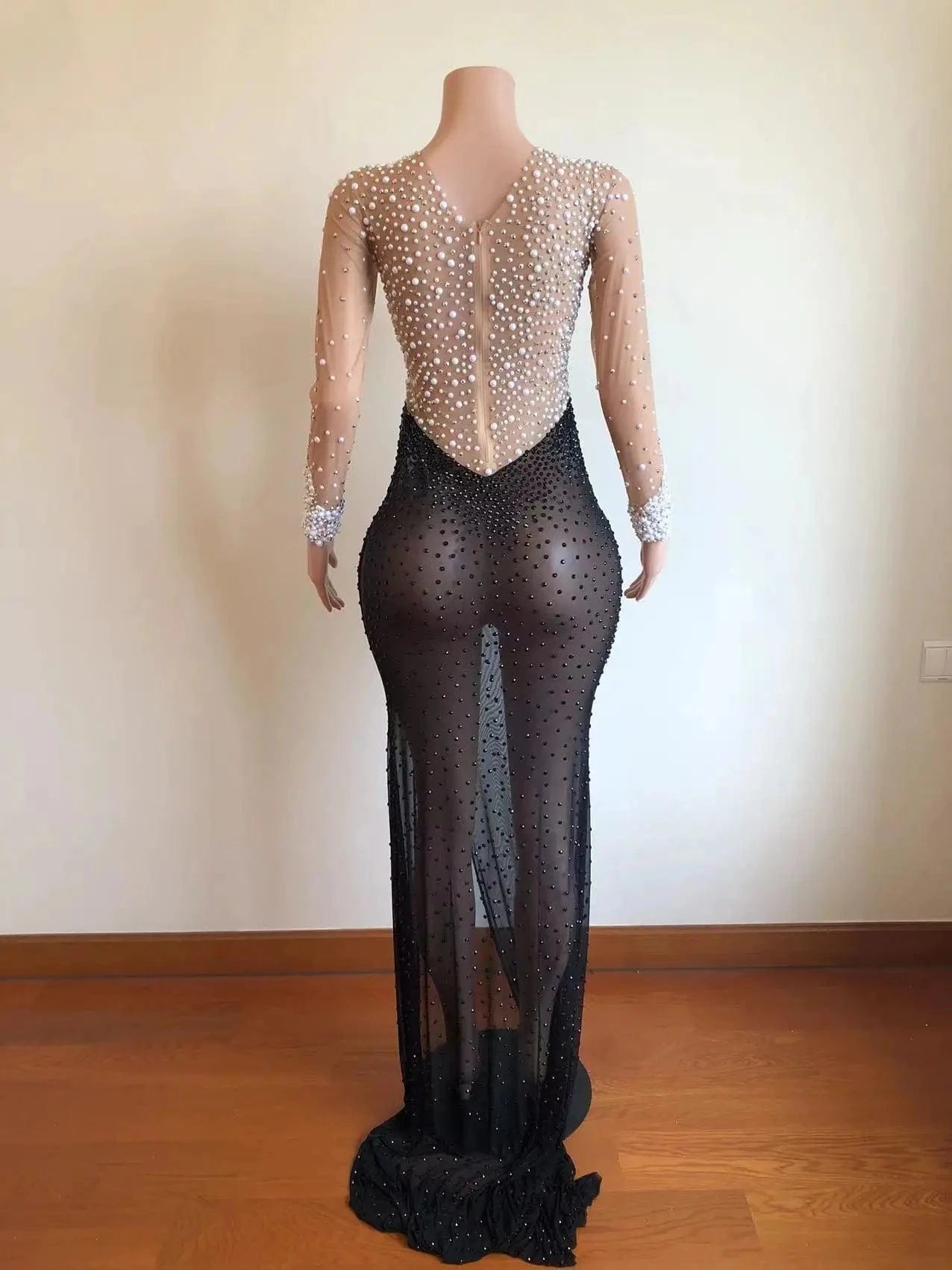 Custom Clothing Manufacturers Sexy See Through Side Slit Evening Dresses Shiny Crystal Pearls Club Wear Party Costume For Women