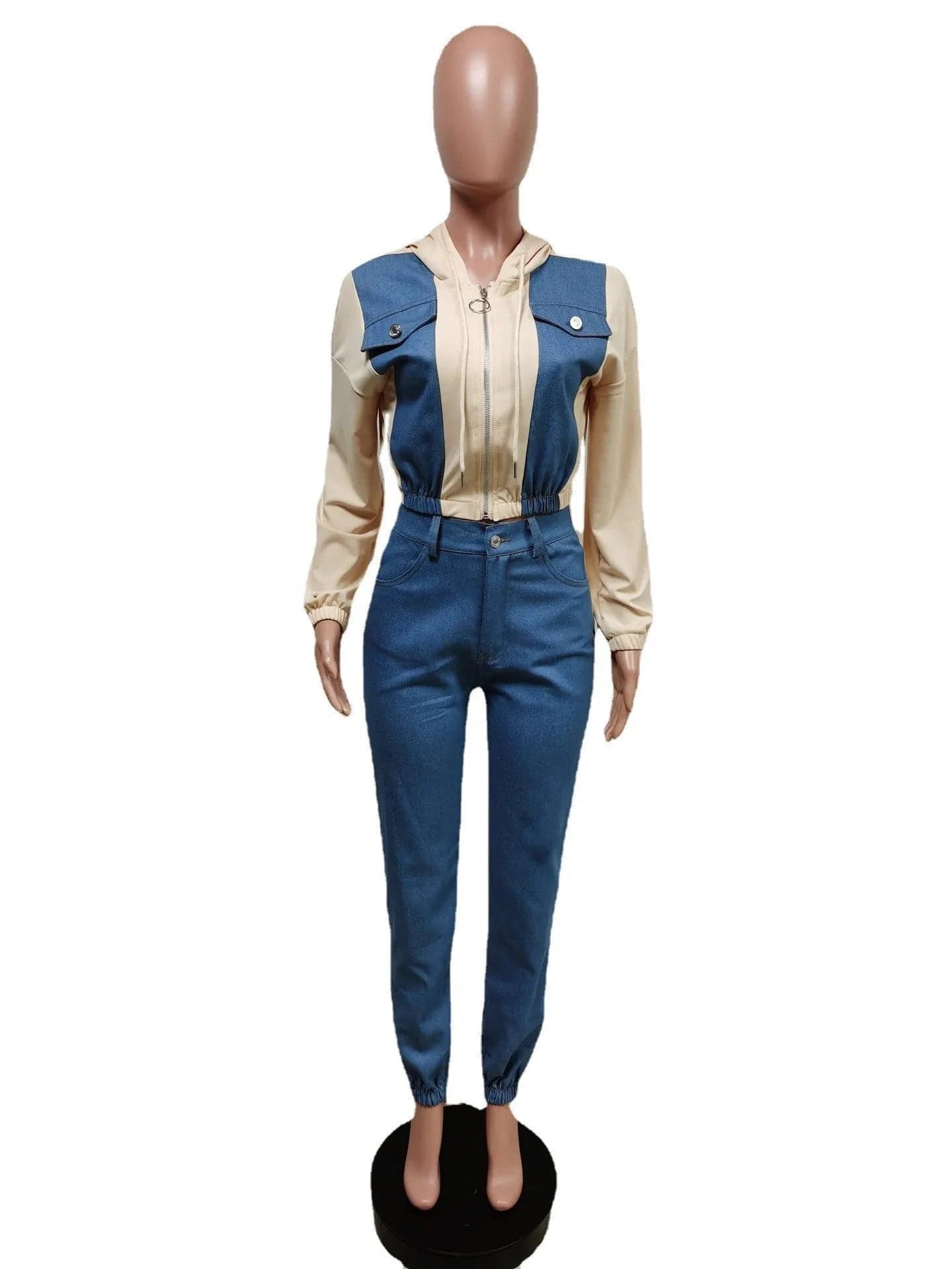 Custom denim hoodies sets women velvet 2 piece set jogger sweat suits sweatsuit denim lady tracksuit with hood for women