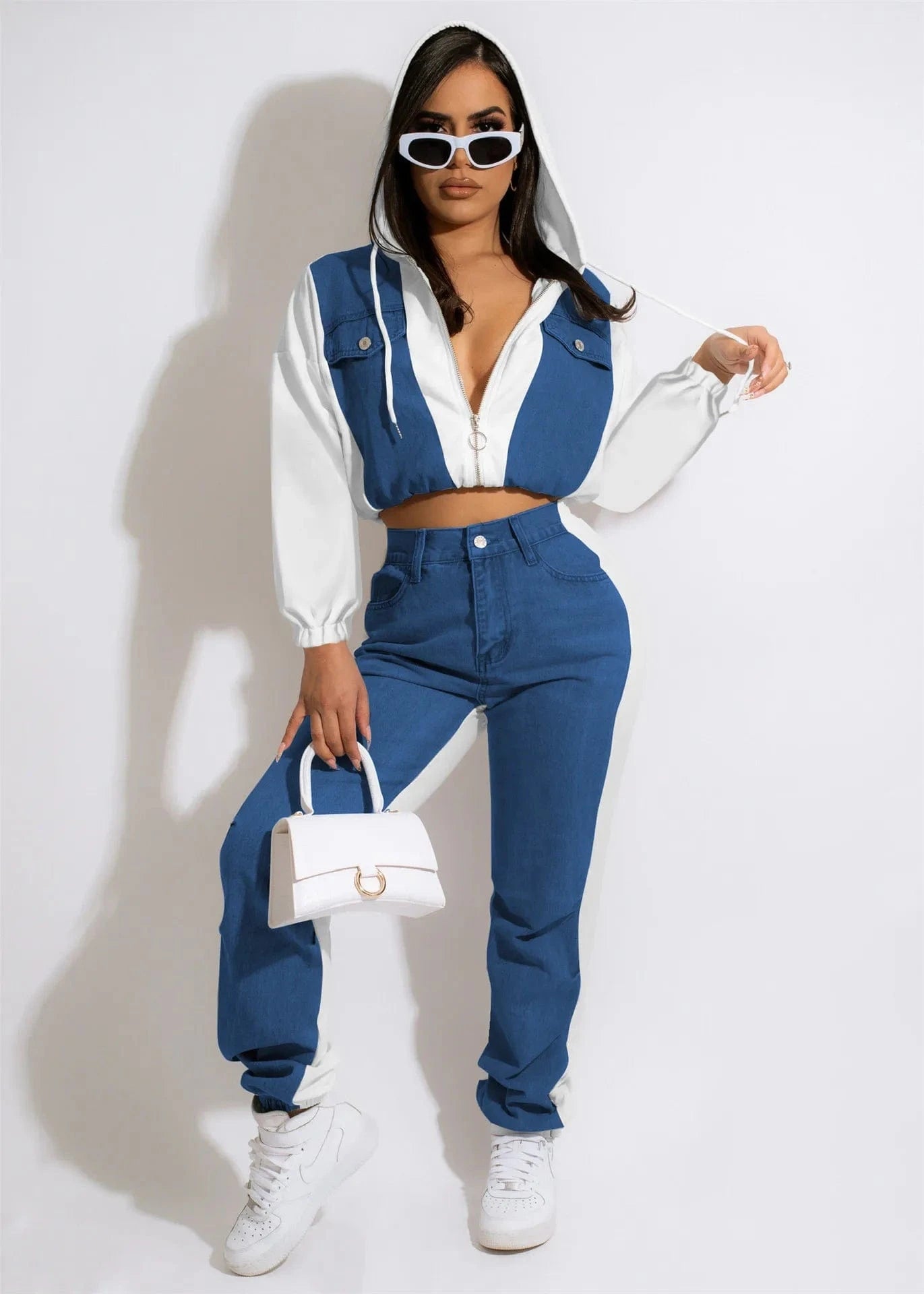 Custom denim hoodies sets women velvet 2 piece set jogger sweat suits sweatsuit denim lady tracksuit with hood for women