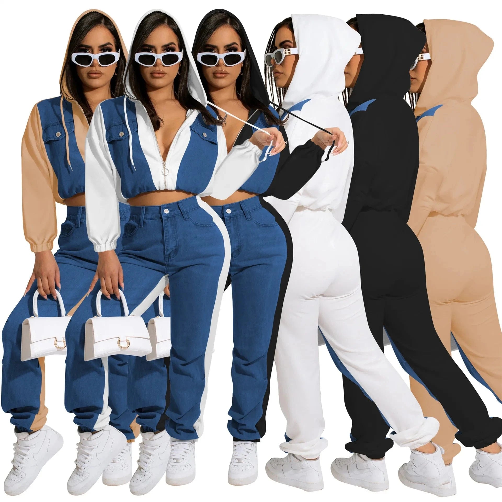 Custom denim hoodies sets women velvet 2 piece set jogger sweat suits sweatsuit denim lady tracksuit with hood for women