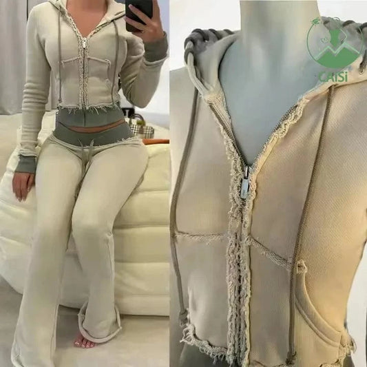 Custom Distressed Two Piece set Women Zip Up Jacket Sweat Pants 2pc Sets Casual 2 Piece Jogger Hoodie Sets Women Outfits 2025