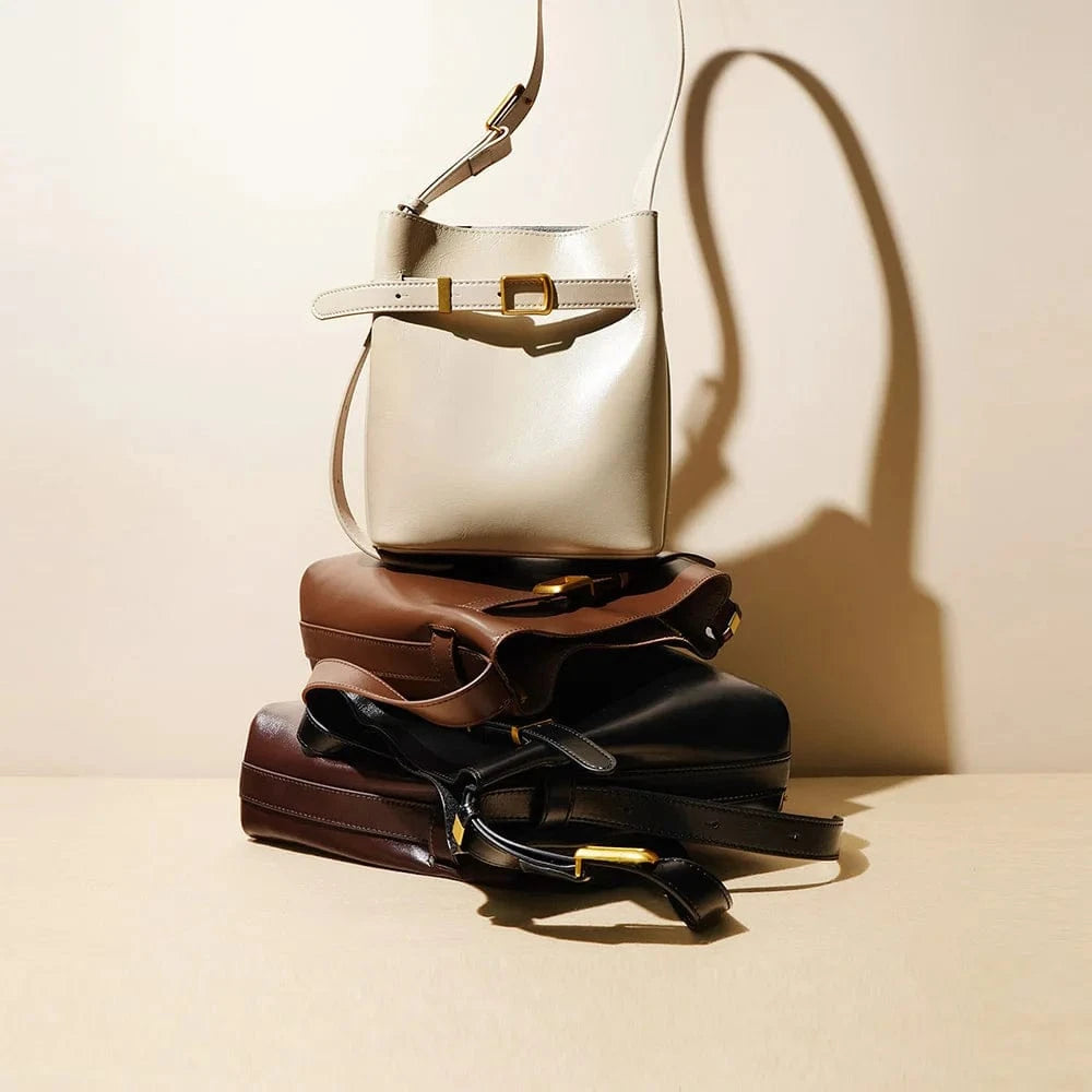 Custom Fashion Designer Genuine Leather Drawstring Women Bag Black Shoulder Handbags For Women