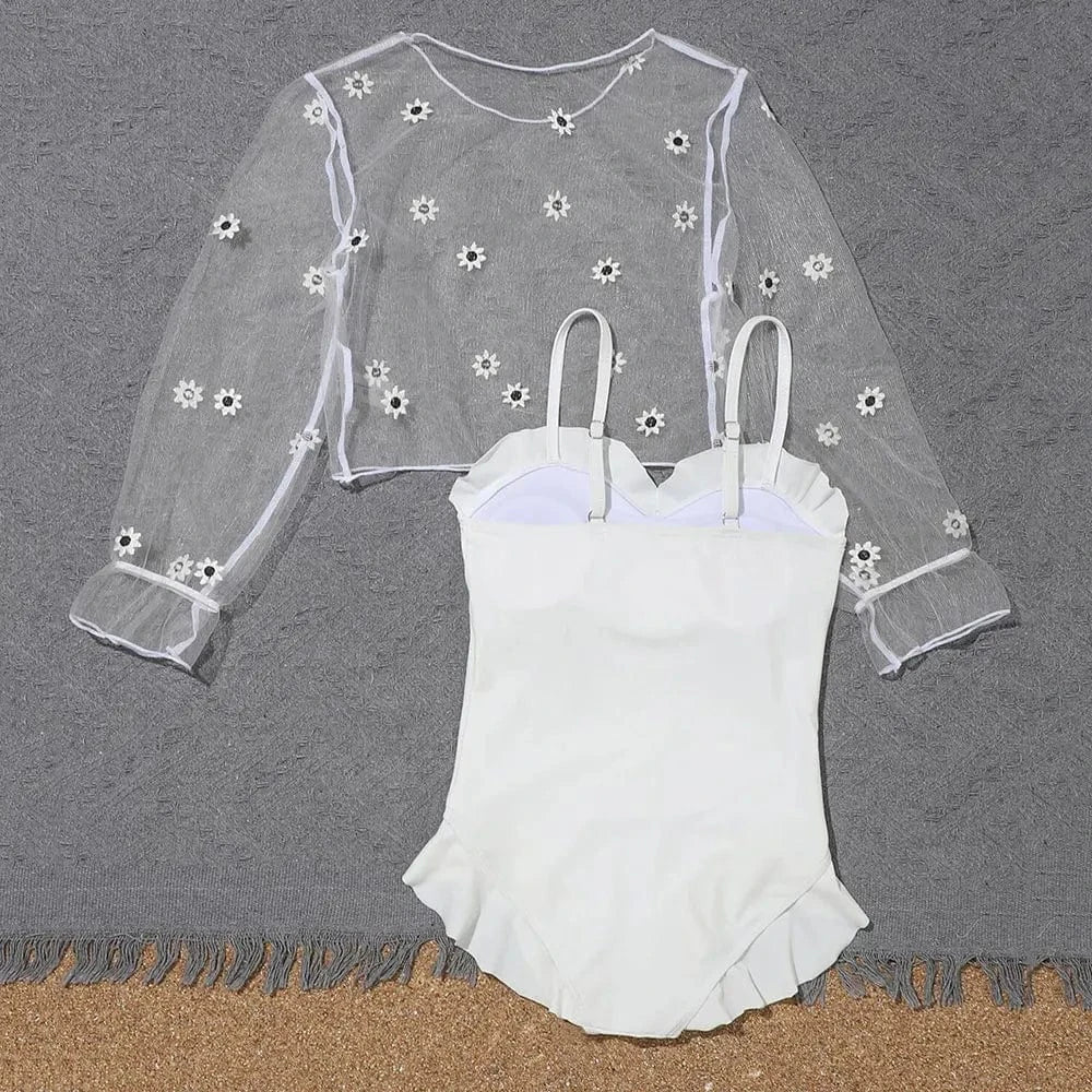 Custom Girls Ruffle Trim One Piece Swimsuit With Cover Up Top 7-14 Years Children's Swimwear White Monokini 2024 Bathing Suit