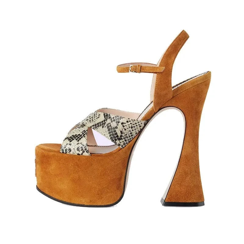 Custom Large Size 34-43 Party Fashion Women Snake Print Ankle Strap High Heel Chunky Heel Fish Mouth Sandals