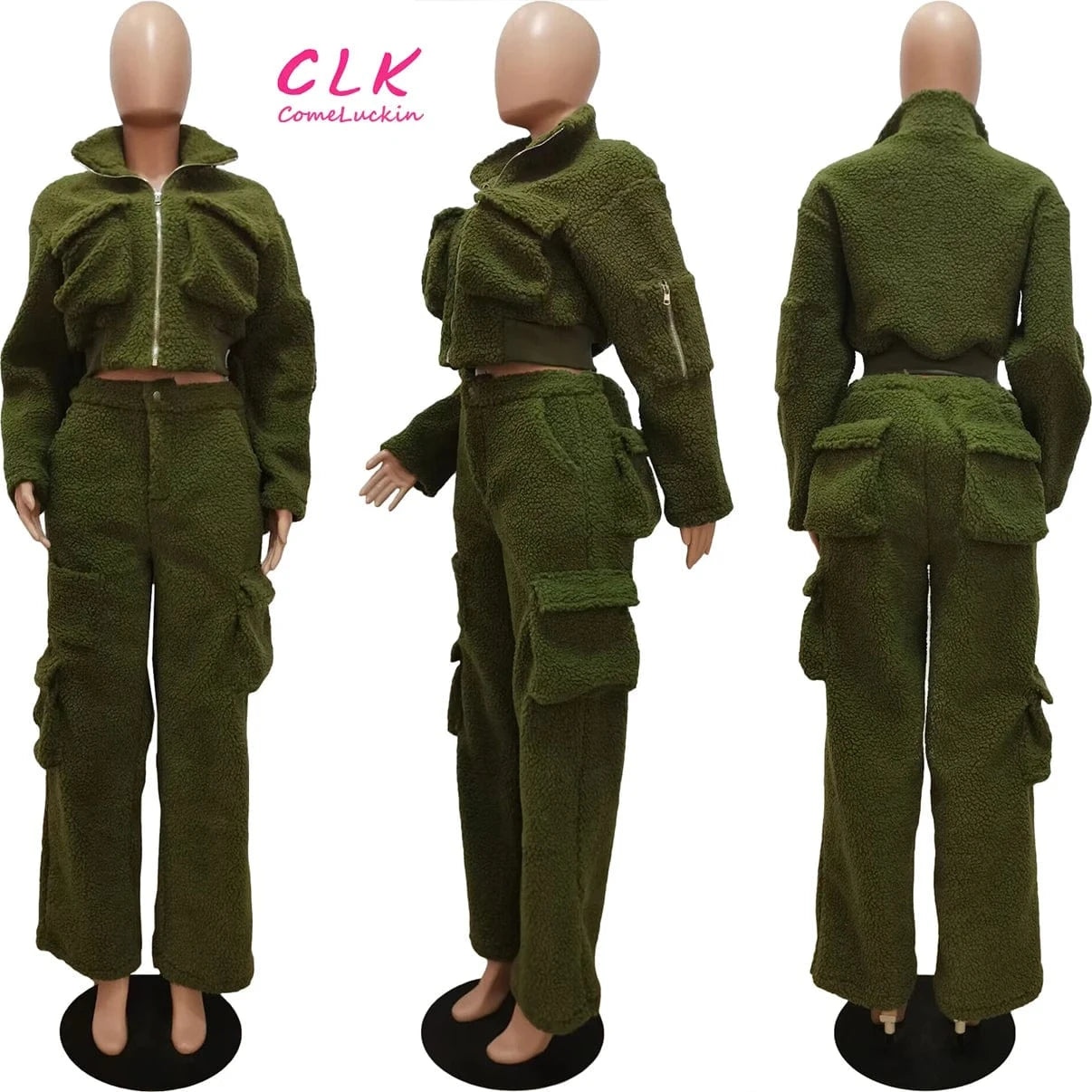 Custom Logo 2024 Winter Warm Thick Women's Fleece Set Long Sleeve Full Zipper Cargo Pockets Pants Women Two Piece Set For Women