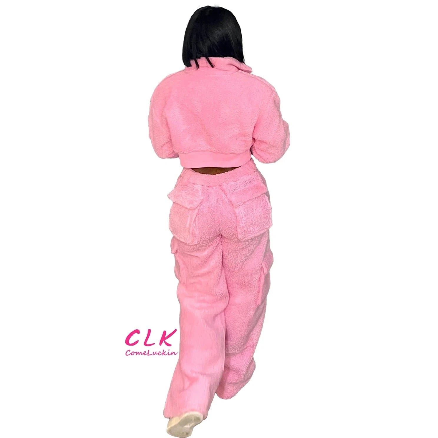 Custom Logo 2024 Winter Warm Thick Women's Fleece Set Long Sleeve Full Zipper Cargo Pockets Pants Women Two Piece Set For Women