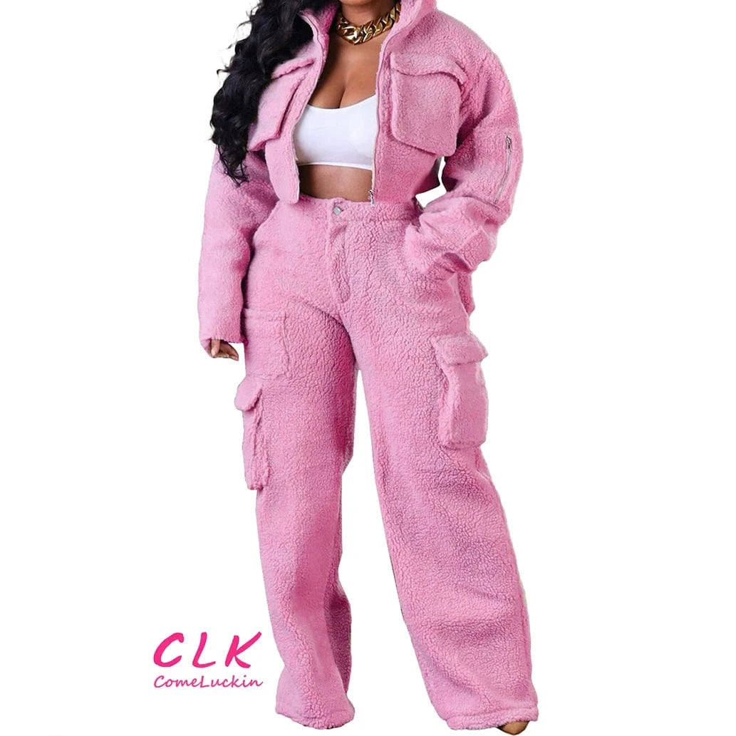 Custom Logo 2024 Winter Warm Thick Women's Fleece Set Long Sleeve Full Zipper Cargo Pockets Pants Women Two Piece Set For Women