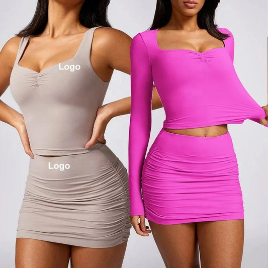 Custom Logo 2Pcs Yoga Skirt Outfits Women's Sports Gym Fitness Casual Loog Sleeves Square Neck Beauty Back Top And Skirt Sets