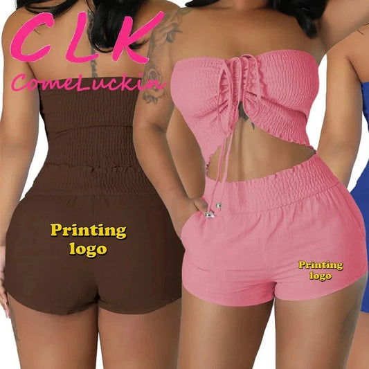 Custom Logo Boutique Women Clothing Tube Top Women Shorts Set Ladies Shorts and Top 2 Piece set 2024 Summer Outfits