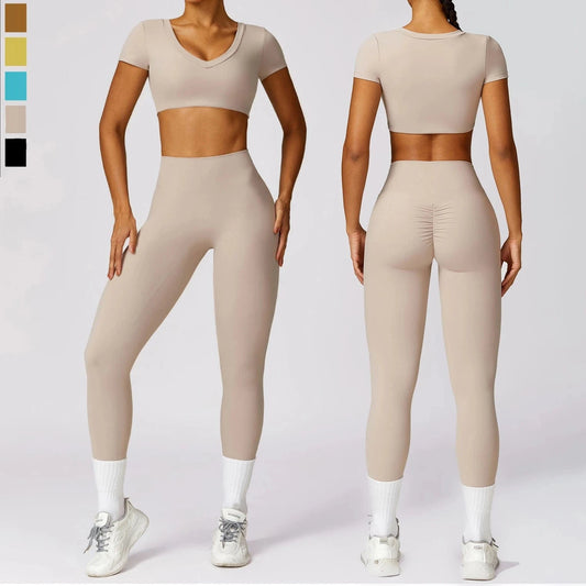Custom logo High Quality Gym Sports Workout Short Sleeve Sweatshirt Leggings Outfit 2024 Women Fitness Yoga Sets