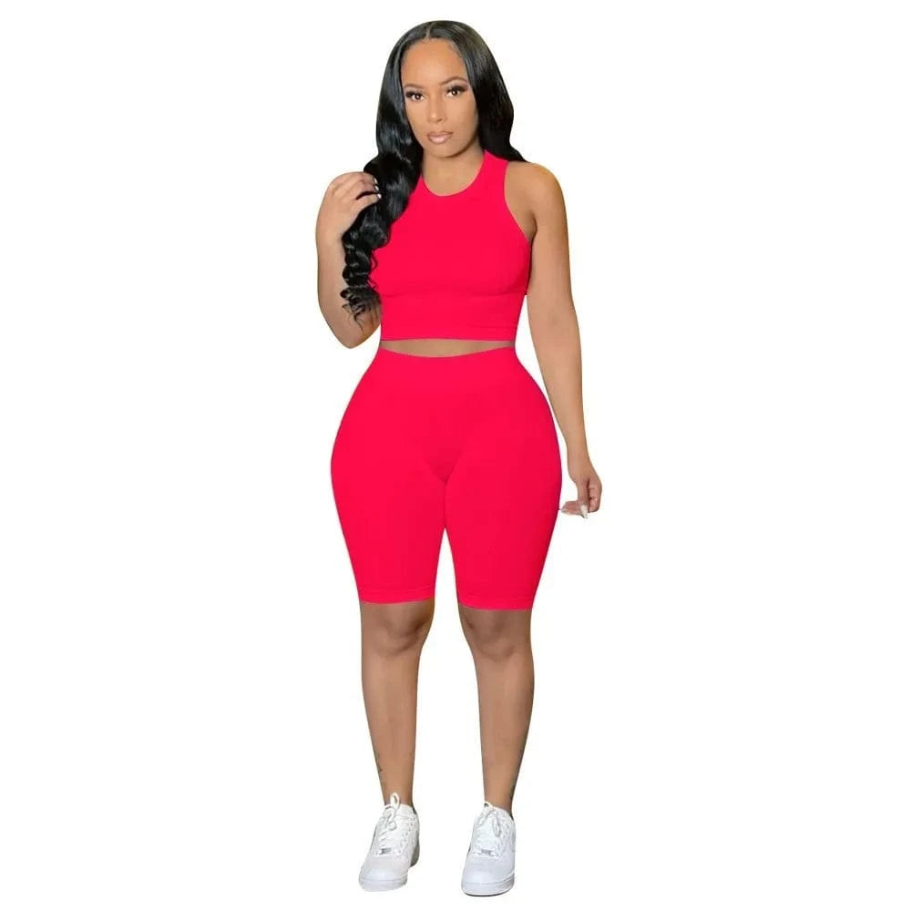 Custom Logo Knit Active Yoga Fitness Women Two 2 Piece Set Outfits Sport Tracksuit Fashion Tank Tops Legging Biker Shorts Set